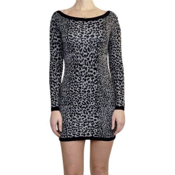 French Connection Snow Leopard Print Long Sleeve Mini Sweater Dress, Women’s 6 - Picture 1 of 11